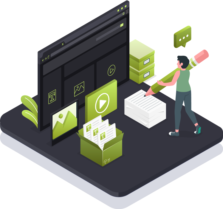 GeoPlugin graphic of a person creating digital content with a large pencil next to media icons, files, and a browser window.