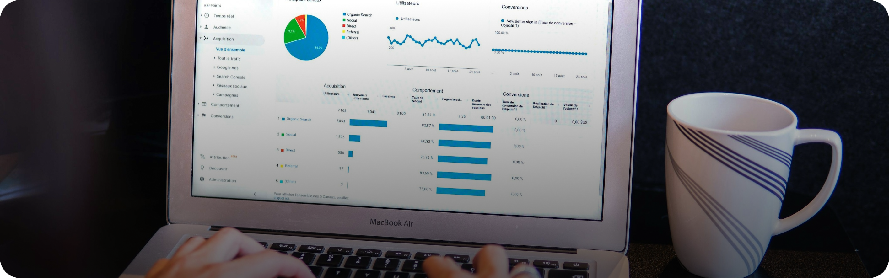 Stock image of MacBook with a business dashboard displaying growth from geocontent initiatives.