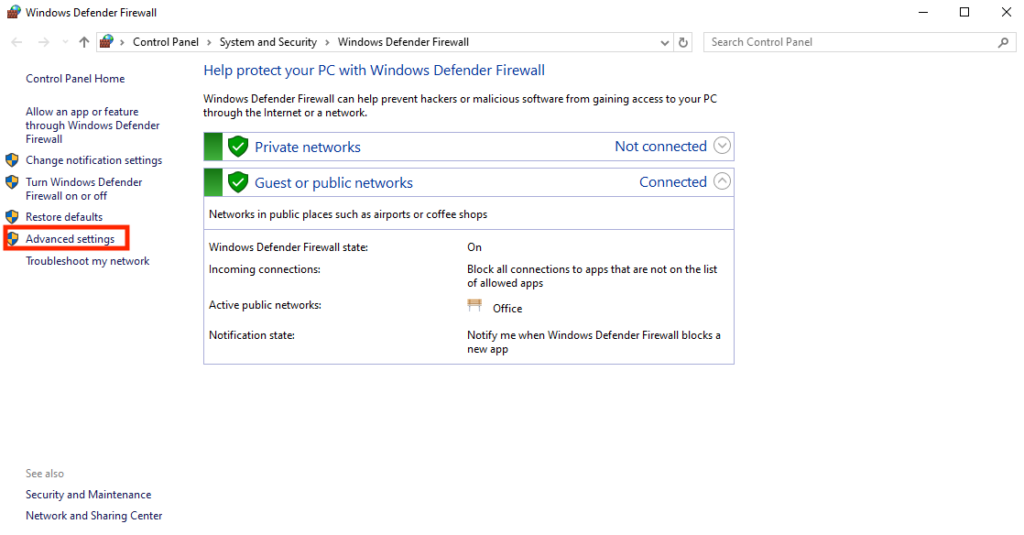 Geoplugin's screenshot of Windows Firewall Advanced Settings.