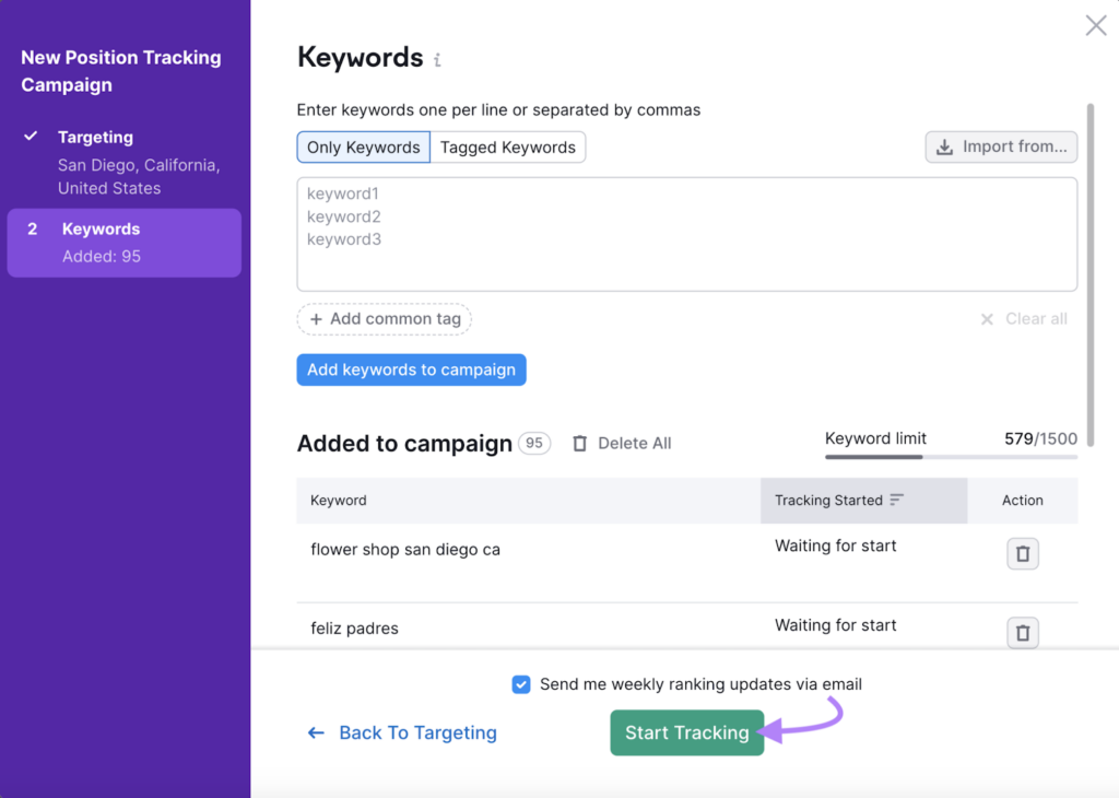 keyword tracking Semrush - GeoPlugin - Resources Image showing how to track your keywords in Semrush.