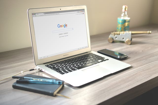The Google search engine showing on a laptop screen. 