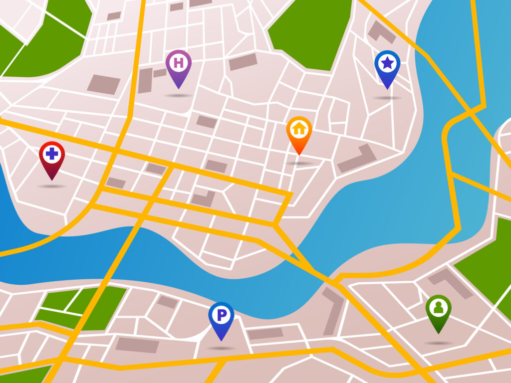 Navigation maps with gps pins icons - GeoPlugin - Resources Image showing different location spots on a map for targeted advertising.