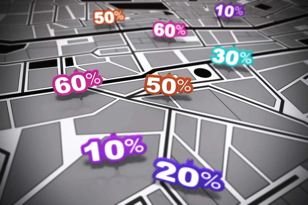 Discount rates - GeoPlugin - Resources geoPlugin screenshot showing multiple different discount rates in different locations on a single map.