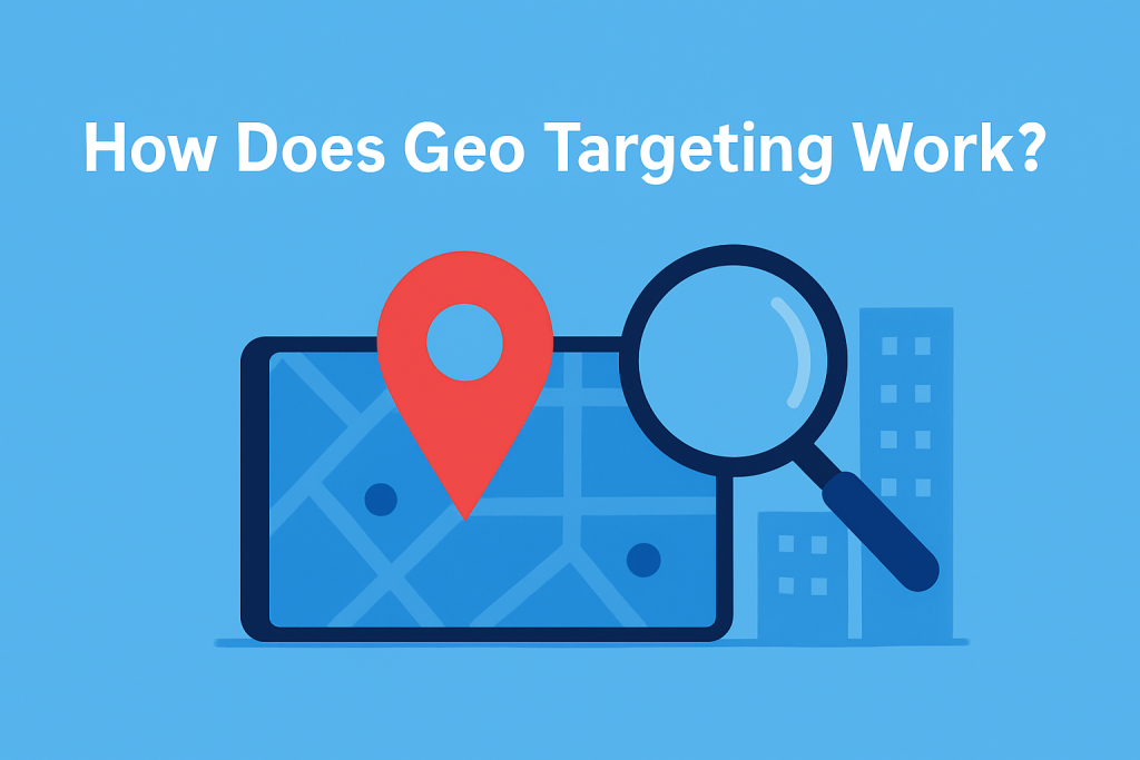 1 - GeoPlugin - Resources A graphic showing the text “How does geo targeting work?” along with a location target and magnifying glass.