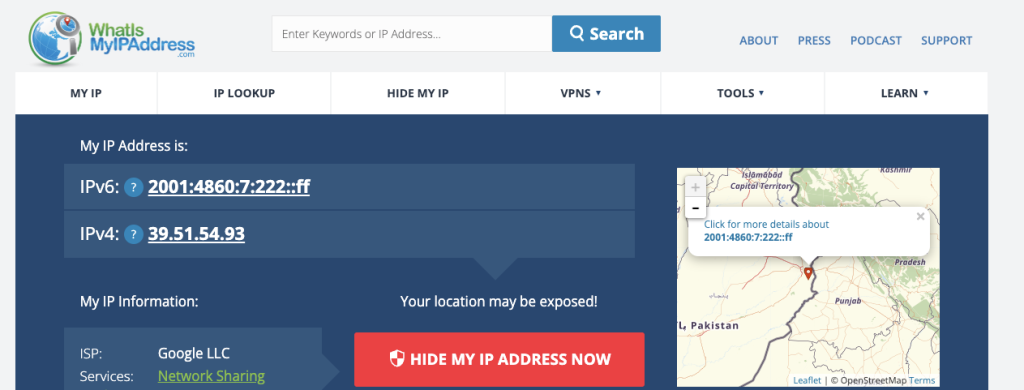 A screenshot of a tool that shows the public IP address.