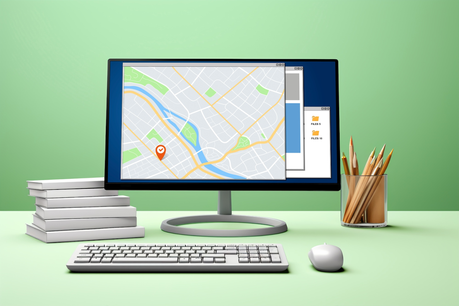 There is a computer on a green background with a map opened on the screen next to a keyboard, a stack of books, and a glass with pencils.