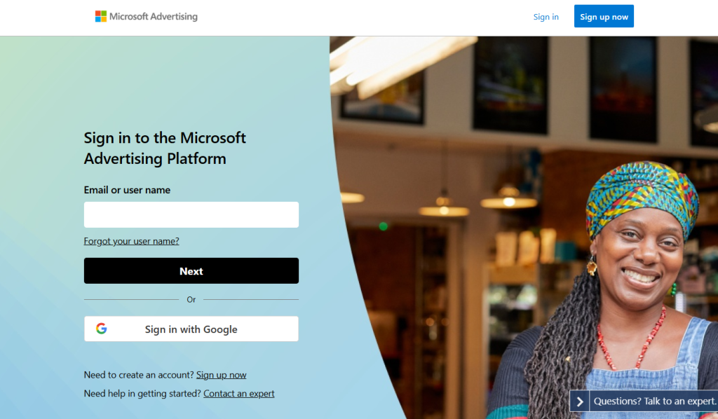image - GeoPlugin - Resources Microsoft Advertising homepage with the Sign in and Sign up buttons