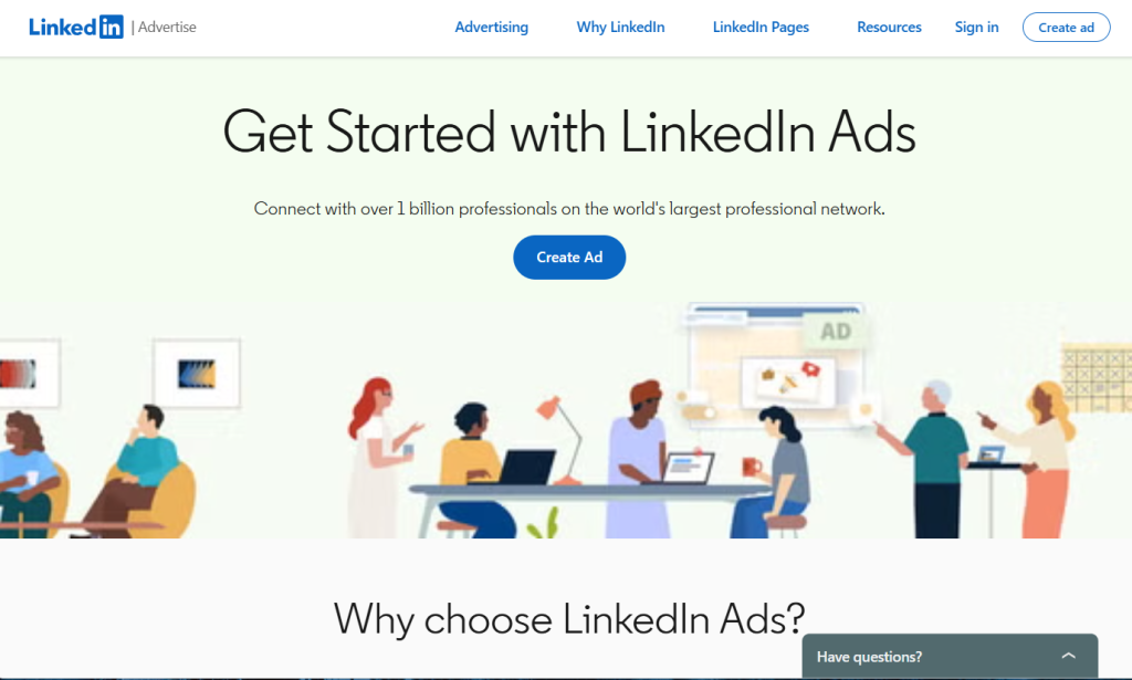 image - GeoPlugin - Resources LinkedIn Ads homepage with the Create Ad and Sign in buttons