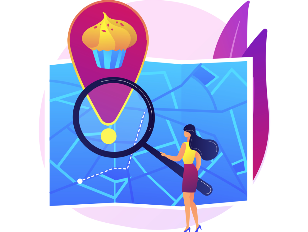 Illustration of a girl using a magnifying glass to find a target location on a map