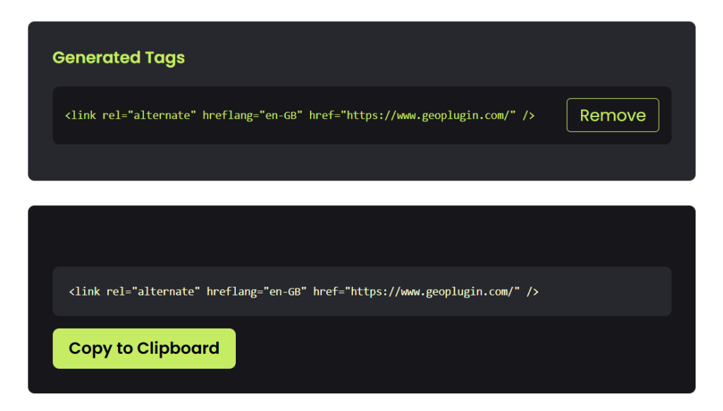 There is a screenshot of the GeoPlugin window with the generated tags.