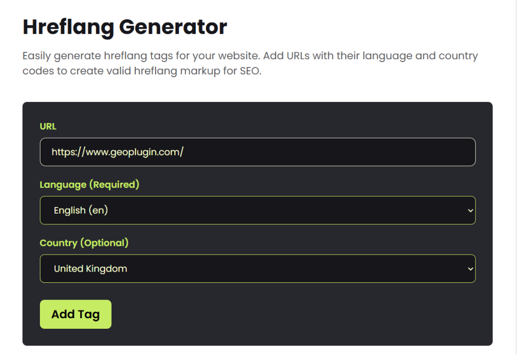 There is a screenshot of the GeoPlugin hreflang generator window with the URL, language, and country fields.