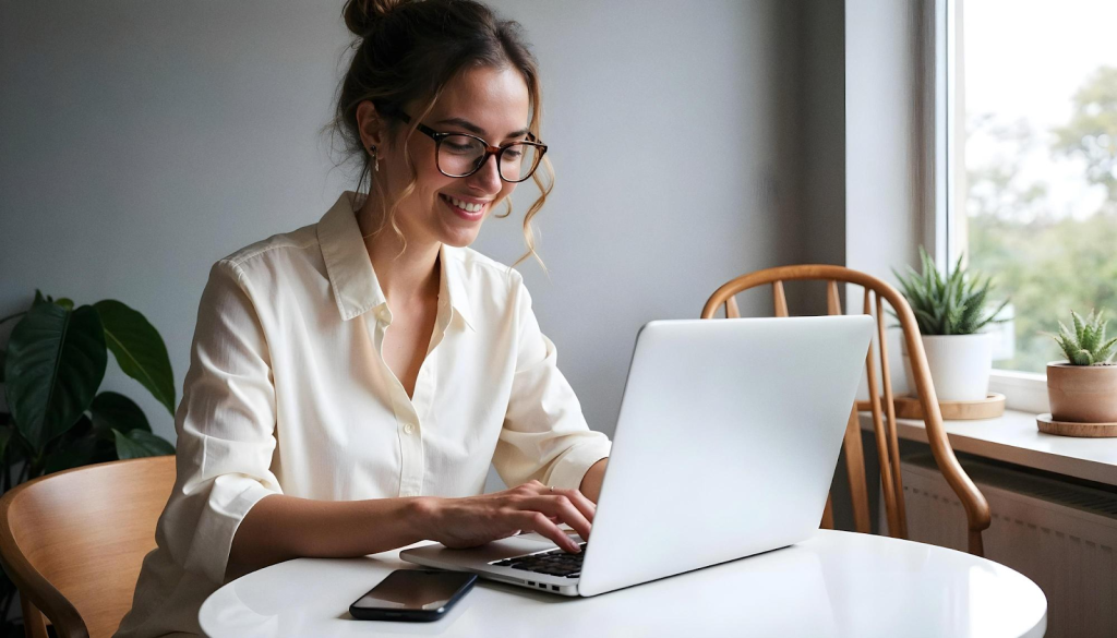 A young smiling woman is sitting at a table opposite the window, looking at the laptop, and typing.